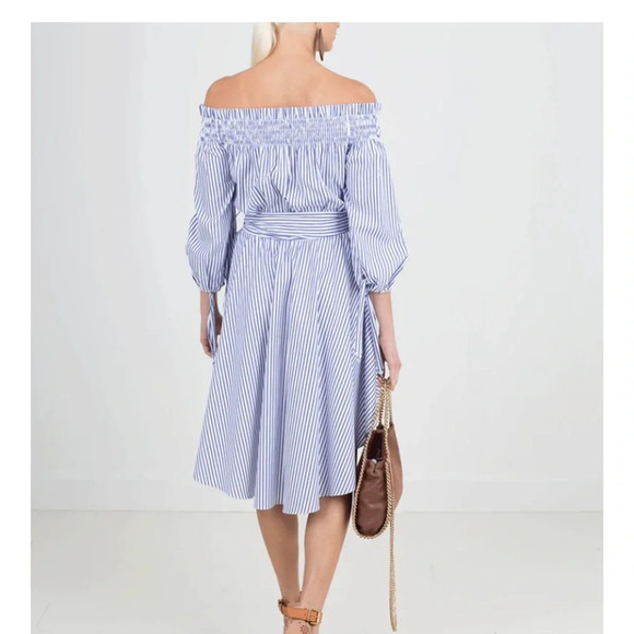 Caroline Constas Blue Stripe Lou Off Shoulder Dress Small Bow Tie Waist High Low - Picture 8 of 8